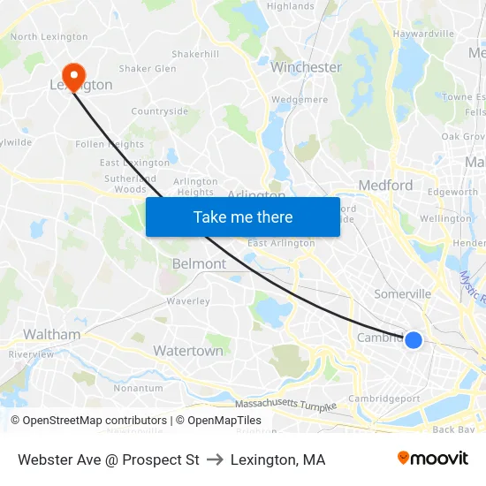 Webster Ave @ Prospect St to Lexington, MA map