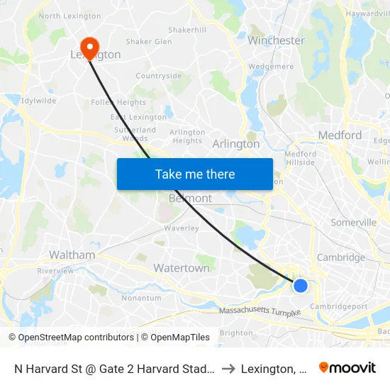 N Harvard St @ Gate 2 Harvard Stadium to Lexington, MA map