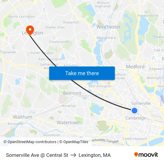 Somerville Ave @ Central St to Lexington, MA map