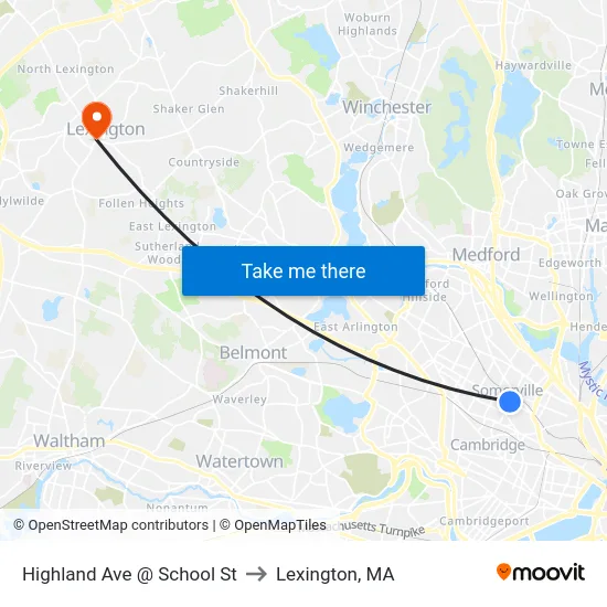 Highland Ave @ School St to Lexington, MA map