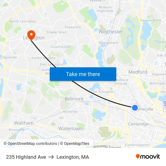 235 Highland Ave to Lexington, MA map