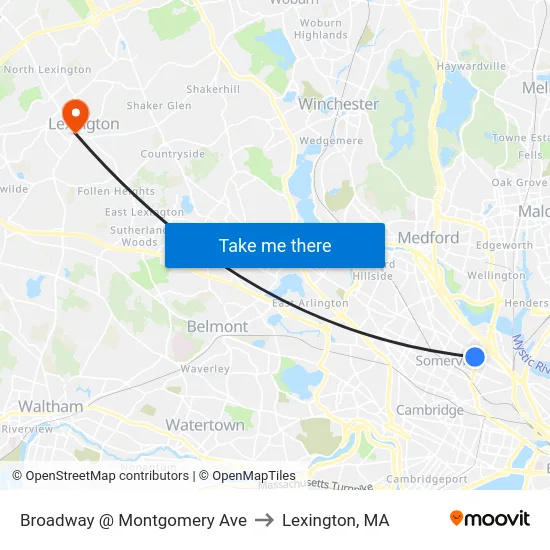 Broadway @ Montgomery Ave to Lexington, MA map