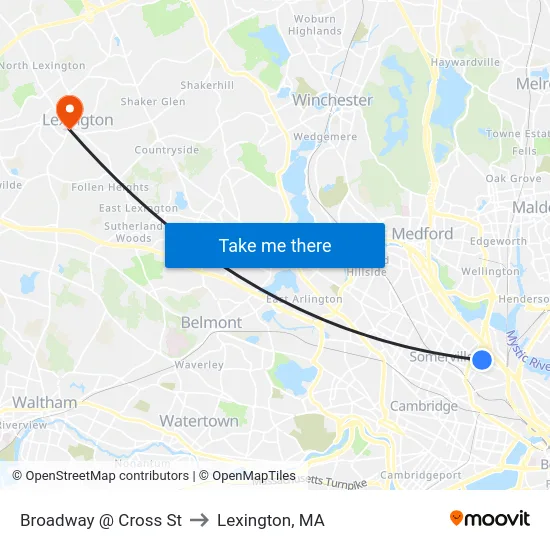 Broadway @ Cross St to Lexington, MA map