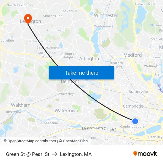 Green St @ Pearl St to Lexington, MA map