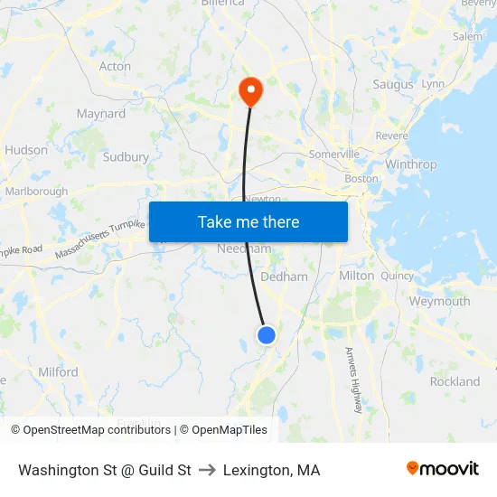 Washington St @ Guild St to Lexington, MA map