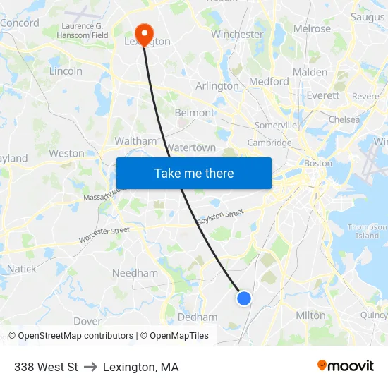 338 West St to Lexington, MA map
