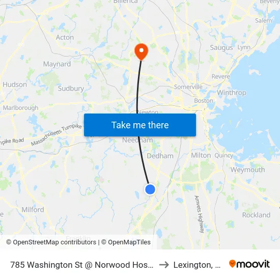 785 Washington St @ Norwood Hospital to Lexington, MA map