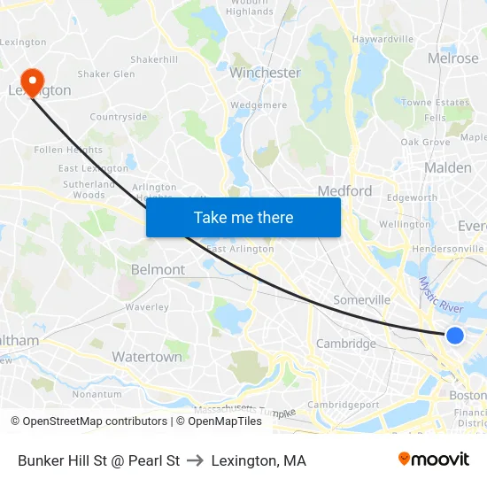 Bunker Hill St @ Pearl St to Lexington, MA map