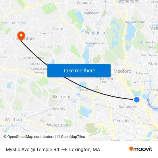 Mystic Ave @ Temple Rd to Lexington, MA map