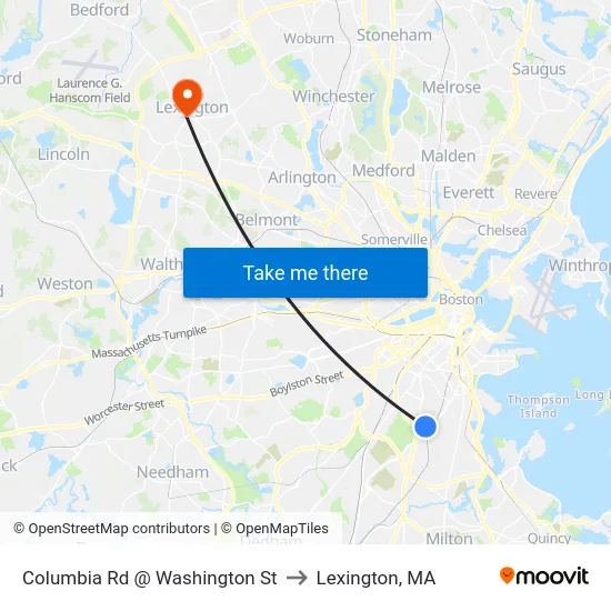 Columbia Rd @ Washington St to Lexington, MA map
