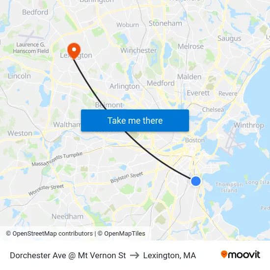 Dorchester Ave @ Mt Vernon St to Lexington, MA map