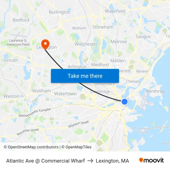 Atlantic Ave @ Commercial Wharf to Lexington, MA map