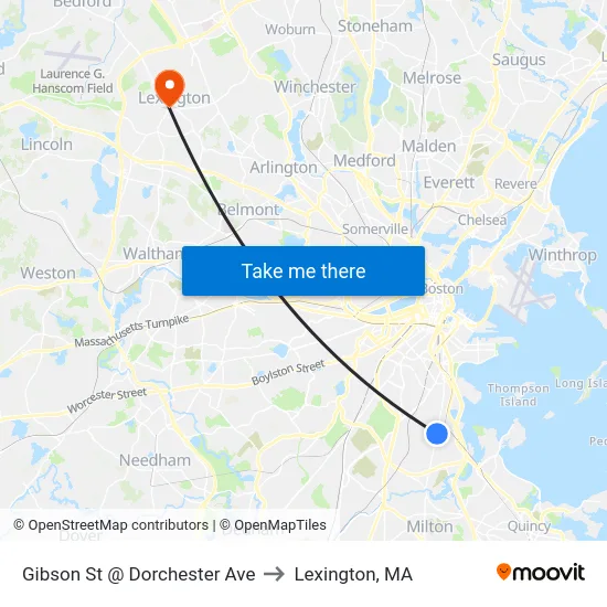 Gibson St @ Dorchester Ave to Lexington, MA map