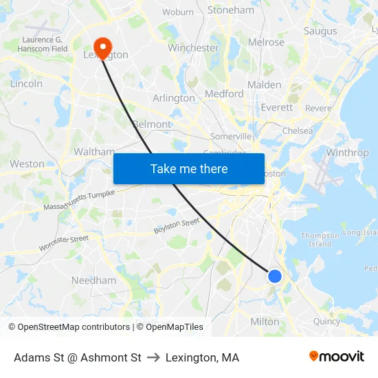 Adams St @ Ashmont St to Lexington, MA map