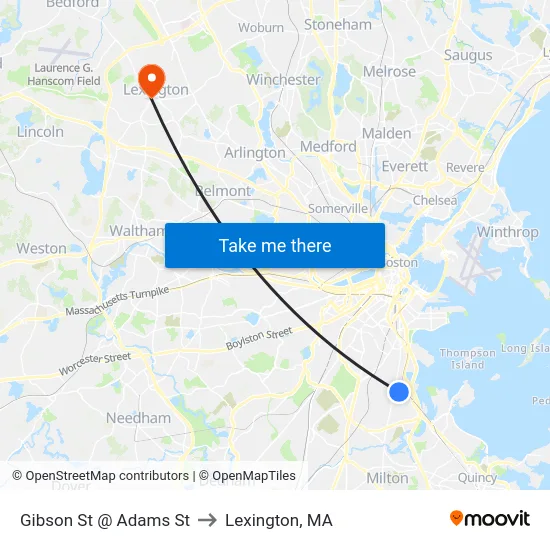 Gibson St @ Adams St to Lexington, MA map