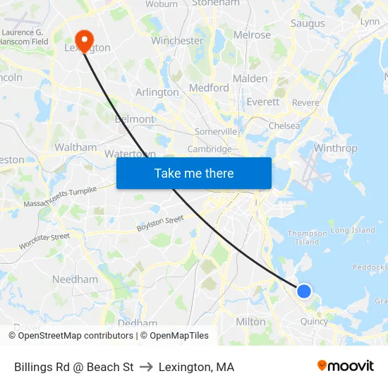 Billings Rd @ Beach St to Lexington, MA map
