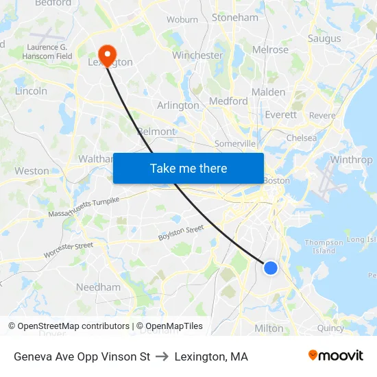 Geneva Ave Opp Vinson St to Lexington, MA map
