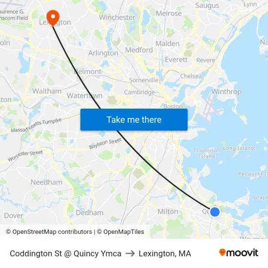 Coddington St @ Quincy Ymca to Lexington, MA map