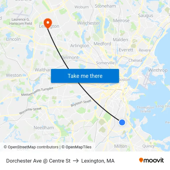 Dorchester Ave @ Centre St to Lexington, MA map