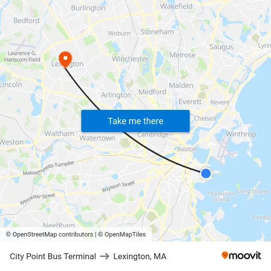 City Point Bus Terminal to Lexington, MA map
