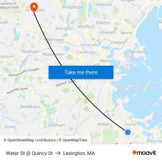 Water St @ Quincy St to Lexington, MA map
