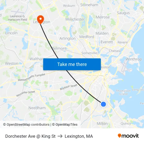 Dorchester Ave @ King St to Lexington, MA map