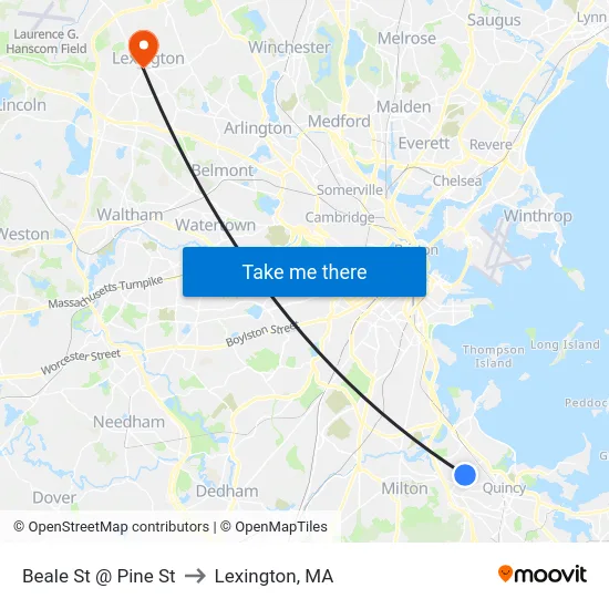 Beale St @ Pine St to Lexington, MA map
