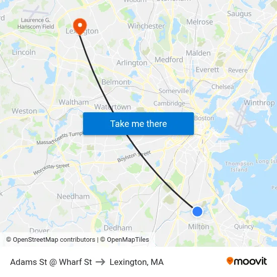 Adams St @ Wharf St to Lexington, MA map