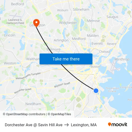 Dorchester Ave @ Savin Hill Ave to Lexington, MA map