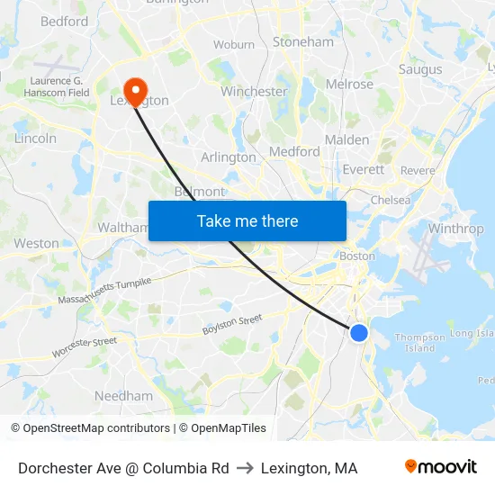 Dorchester Ave @ Columbia Rd to Lexington, MA map