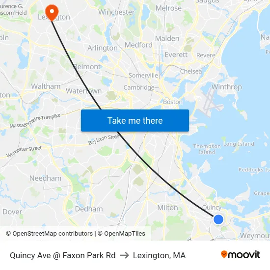 Quincy Ave @ Faxon Park Rd to Lexington, MA map
