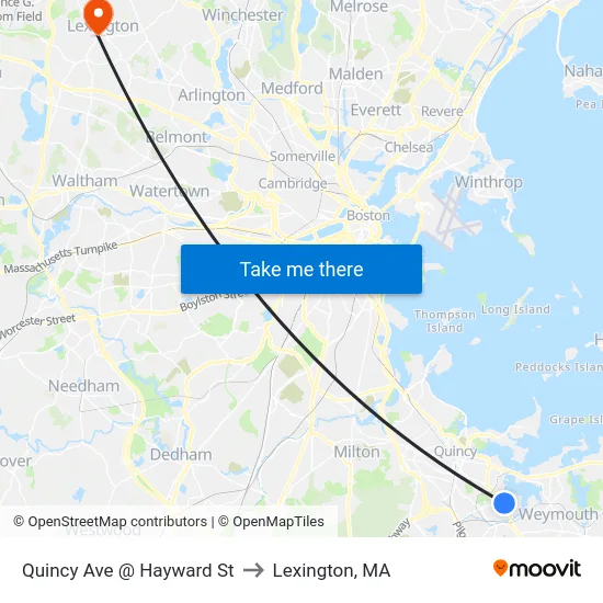 Quincy Ave @ Hayward St to Lexington, MA map