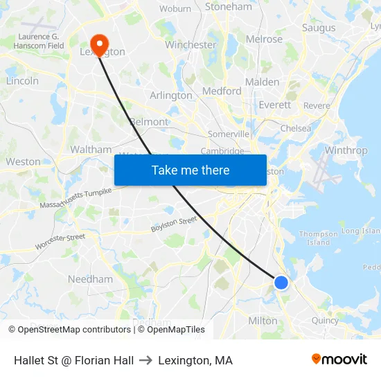 Hallet St @ Florian Hall to Lexington, MA map