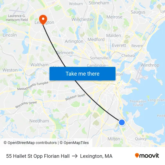 55 Hallet St Opp Florian Hall to Lexington, MA map