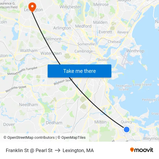 Franklin St @ Pearl St to Lexington, MA map