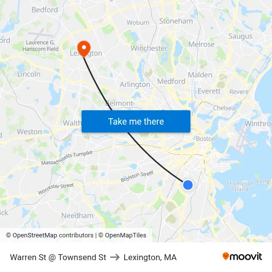 Warren St @ Townsend St to Lexington, MA map