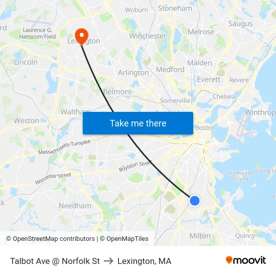 Talbot Ave @ Norfolk St to Lexington, MA map