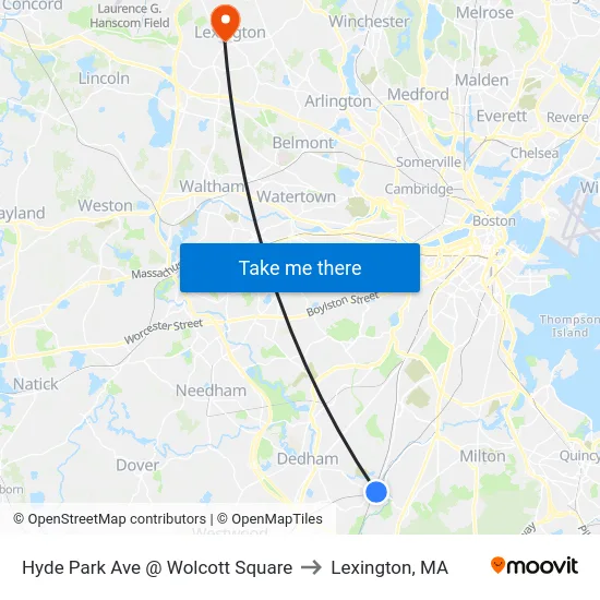 Hyde Park Ave @ Wolcott Square to Lexington, MA map
