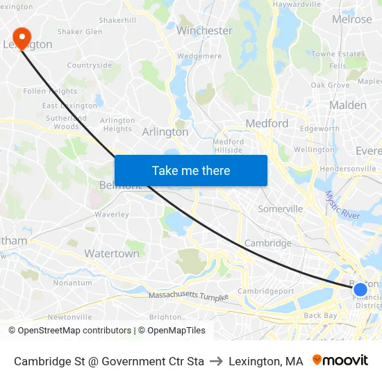 Cambridge St @ Government Ctr Sta to Lexington, MA map