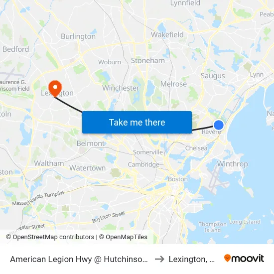 American Legion Hwy @ Hutchinson St to Lexington, MA map