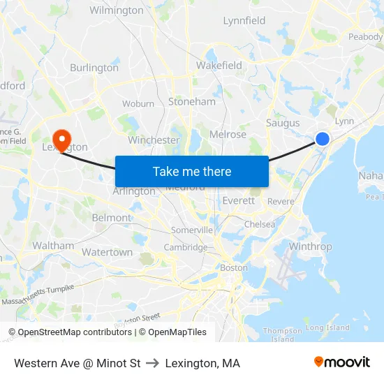 Western Ave @ Minot St to Lexington, MA map