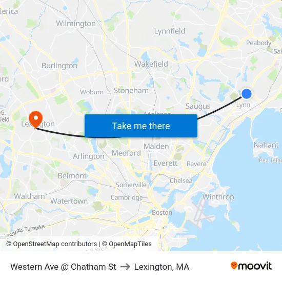 Western Ave @ Chatham St to Lexington, MA map
