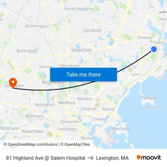 81 Highland Ave @ Salem Hospital to Lexington, MA map