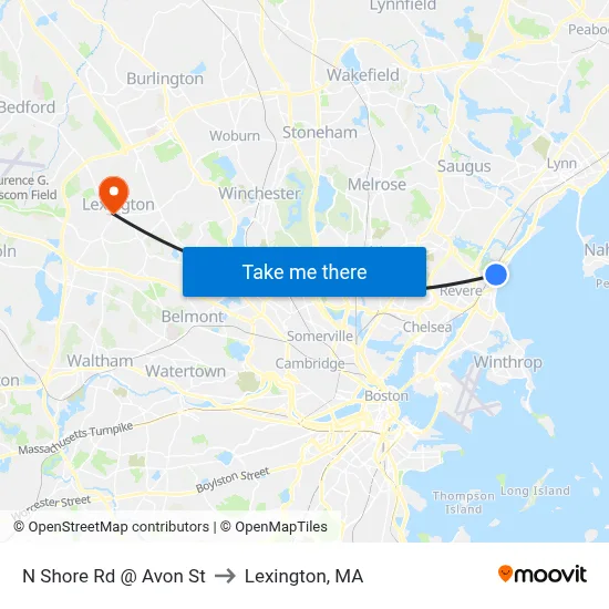 N Shore Rd @ Avon St to Lexington, MA map