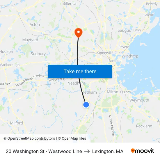 20 Washington St - Westwood Line to Lexington, MA map