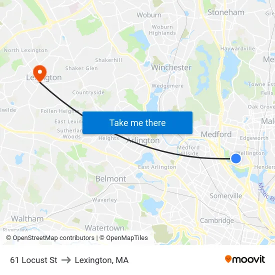 61 Locust St to Lexington, MA map