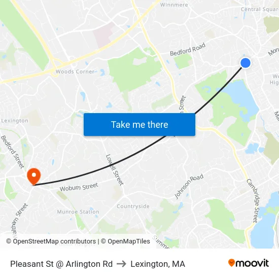 Pleasant St @ Arlington Rd to Lexington, MA map