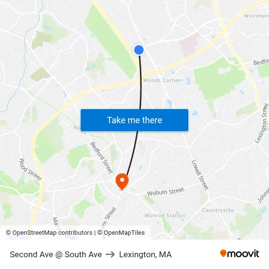 Second Ave @ South Ave to Lexington, MA map