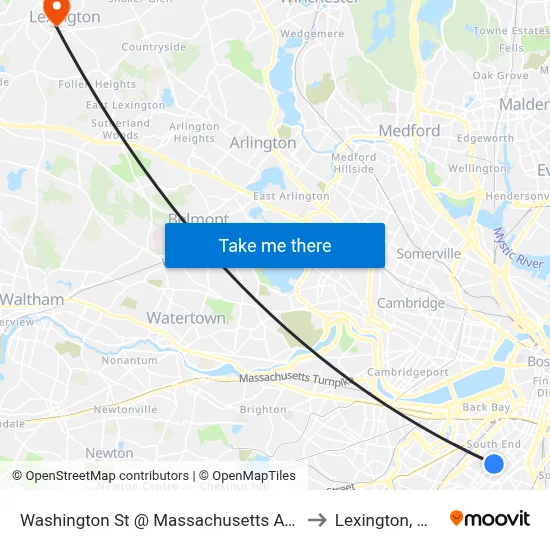 Washington St @ Massachusetts Ave to Lexington, MA map