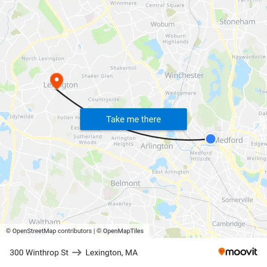 300 Winthrop St to Lexington, MA map